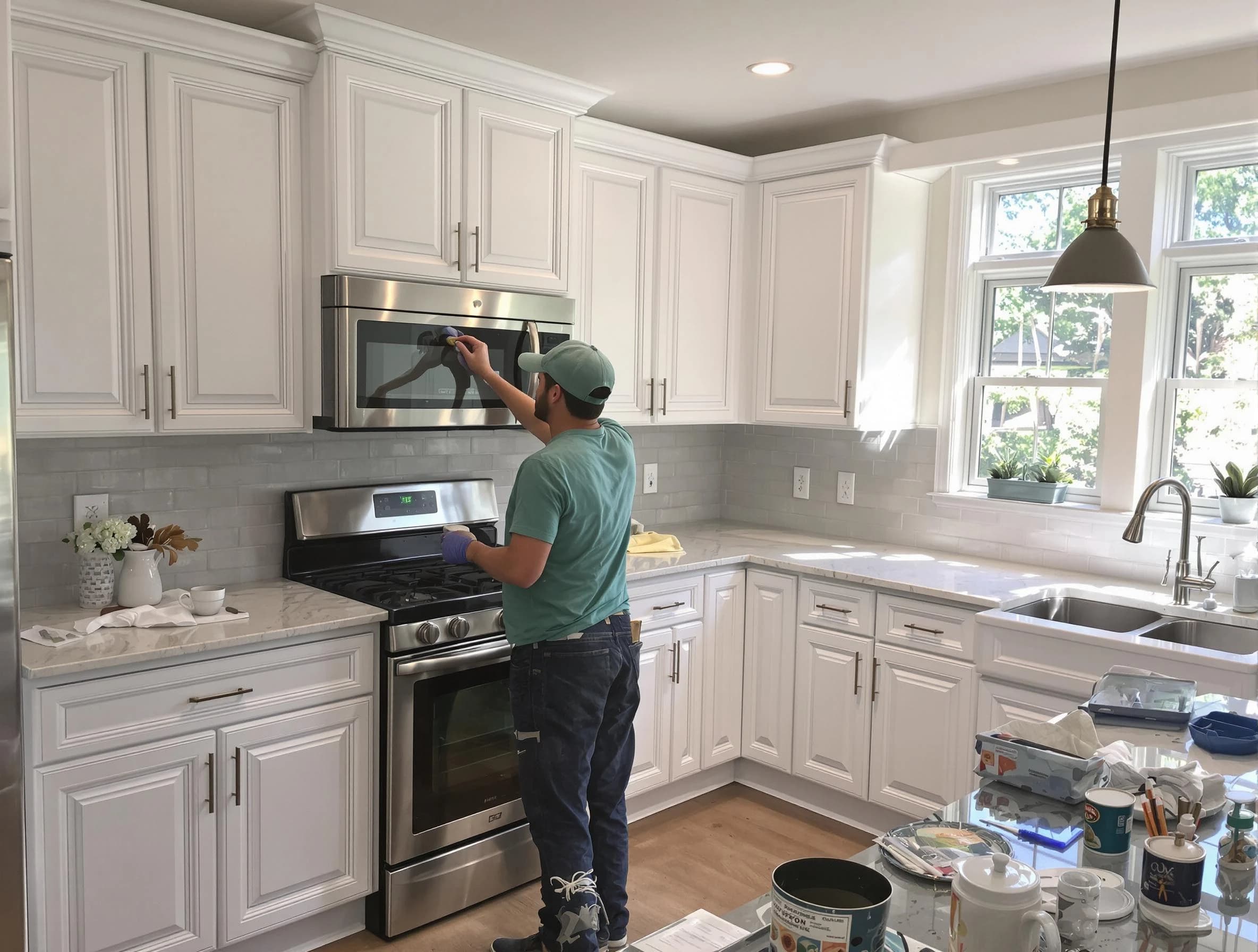 Kitchen cabinets being refinished by Maple Heights House Painters in Maple Heights, OH