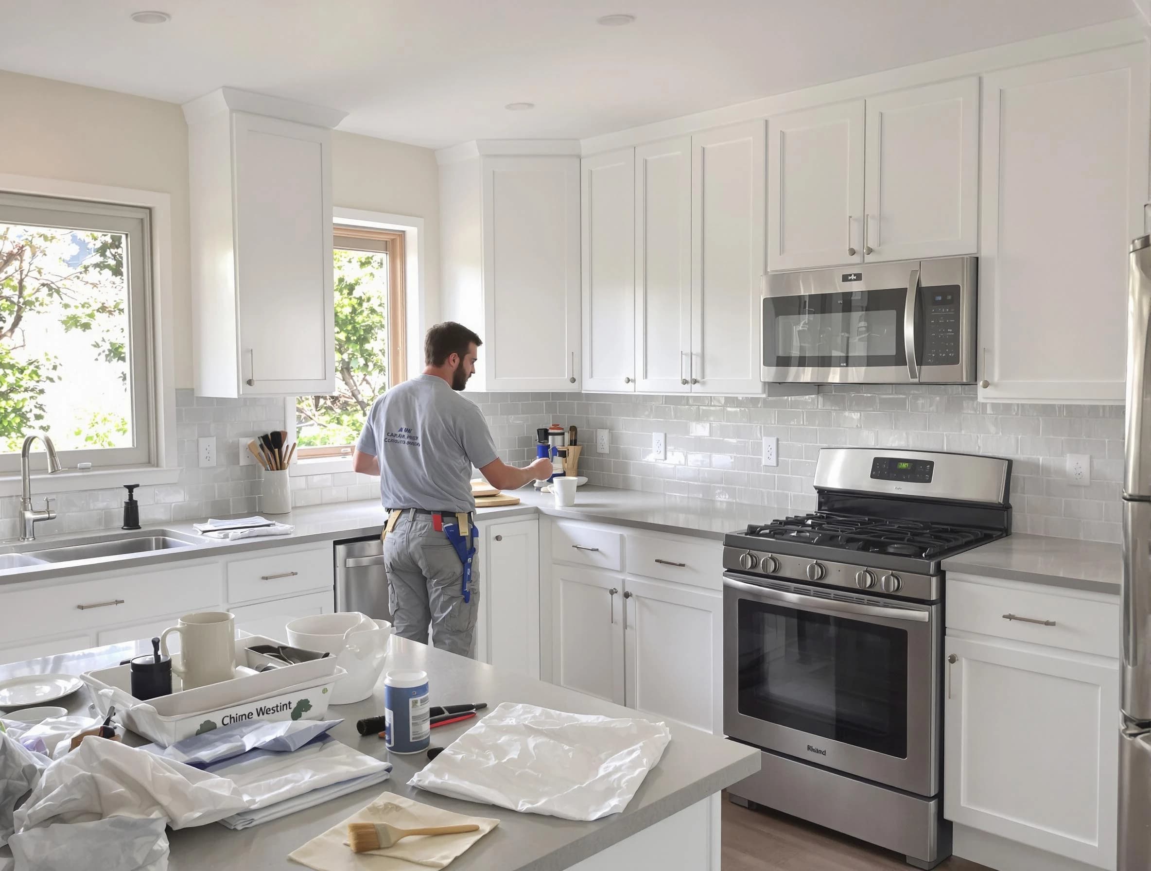 Maple Heights House Painters applying fresh paint on kitchen cabinets in Maple Heights